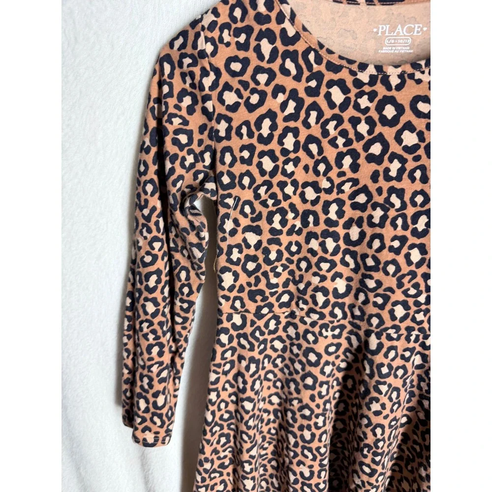 The Childrens Place Girls Brown Leopard Print Long Sleeve Dress SZ L 10/12